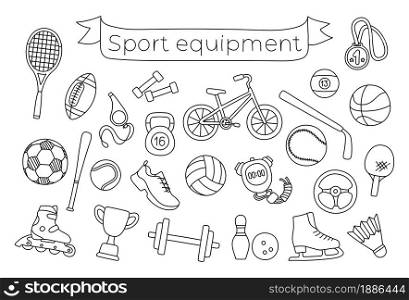 Sports equipment line sketch set. Black doodle outline icon. Vector fitness freehand illustration. Football, basketball, volleyball, baseball, rugby, billiards ball and bicycle