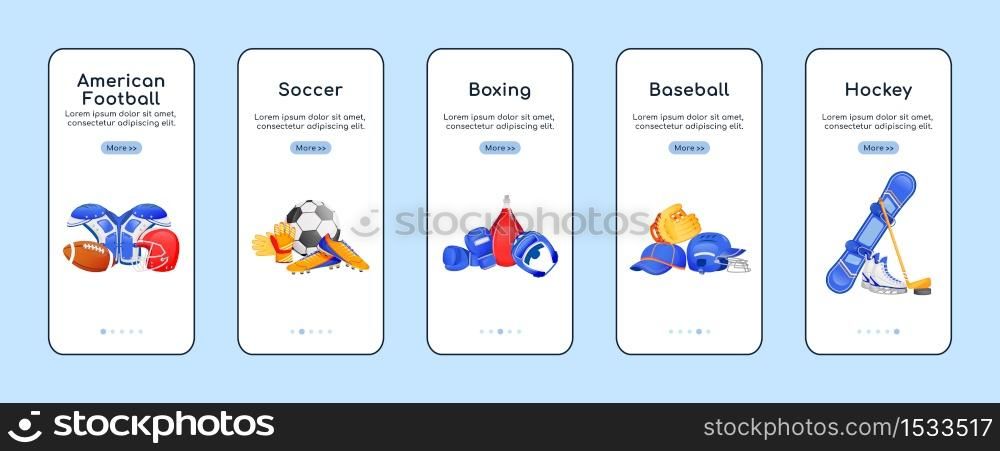 Sports equipment onboarding mobile app screen flat vector template. American football. Walkthrough website steps with isolated characters on white. UX, UI, GUI smartphone cartoon interface. Sports equipment onboarding mobile app screen flat vector template
