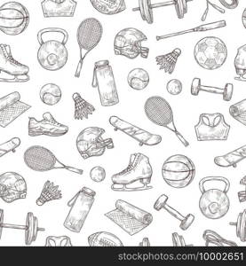 Sports equipment seamless pattern. Basketball and baseball ball, shuttlecock and football helmet, tennis racket and bat vector texture. Basketball and football sport, soccer and baseball illustration. Sports equipment seamless pattern. Basketball and baseball ball, shuttlecock and football helmet, tennis racket and bat vector texture