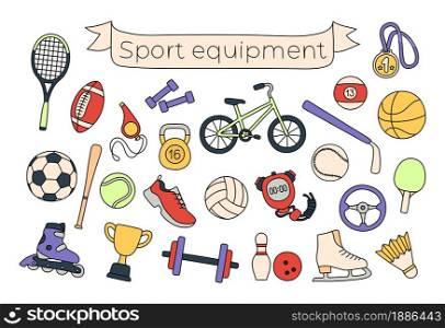 Sports equipment sketch set. Color icon. Vector fitness freehand illustration. Football, basketball, volleyball, baseball, rugby, billiards ball and bicycle