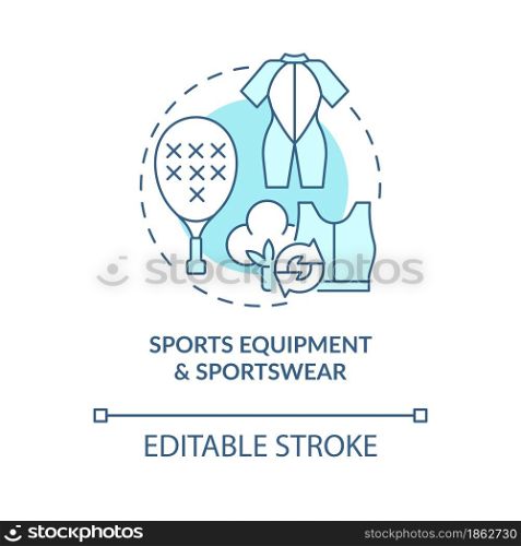 Sports equipment, sport clothing concept icon. Sport clothes manufacture from recycled, upcycled materials idea thin line illustration. Vector isolated outline color drawing. Editable stroke. Sports equipment, sport clothing concept icon