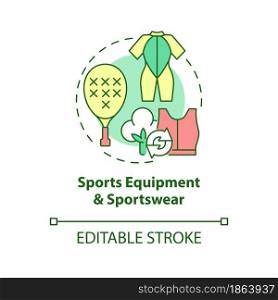Sports equipment, sportswear concept icon. Sport clothes production from recycled, upcycled materials idea thin line illustration. Vector isolated outline color drawing. Editable stroke. Sports equipment, sportswear concept icon