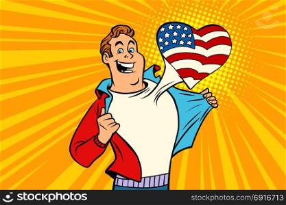 sports fan loves USA. Heart with flag of the country. Comic cartoon style pop art illustration vector retro. sports fan loves USA