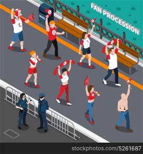 Sports Fans Procession Isometric Composition. Isometric composition with police and street procession of excited sports fans with red white attributes vector illustration