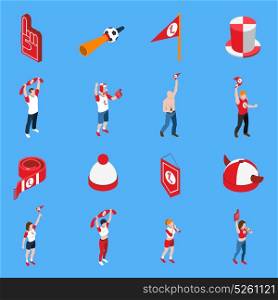 Sports Fans With Accessories Isometric Set. Isometric set of sports fans with accessories including hats and flags on blue background isolated vector illustration