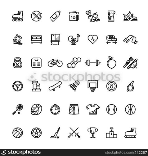 Sports fitness outline symbols. Sports equipment thin line vector icons. Sport and fitness equipment outline linear style illustration. Sports fitness outline symbols. Sports equipment thin line vector icons