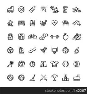 Sports fitness outline symbols. Sports equipment thin line vector icons. Sport and fitness equipment outline linear style illustration. Sports fitness outline symbols. Sports equipment thin line vector icons