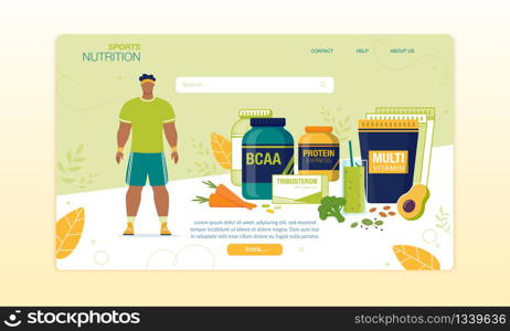 Sports Food for Active Man Delivery Landing Page. Nutritional Supplements, BCAA, Multi Vitamin Complex. Sport Nutrition for Male Athlete Energy Revival and Physical Power Growth. Vector Illustration