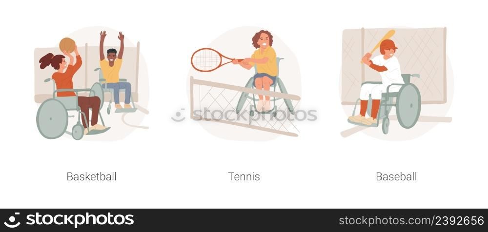 Sports for disabled kids isolated cartoon vector illustration set. Child in wheelchair playing basketball, tennis for disabled people, baseball special equipment, physical activity vector cartoon.. Sports for disabled kids isolated cartoon vector illustration set.