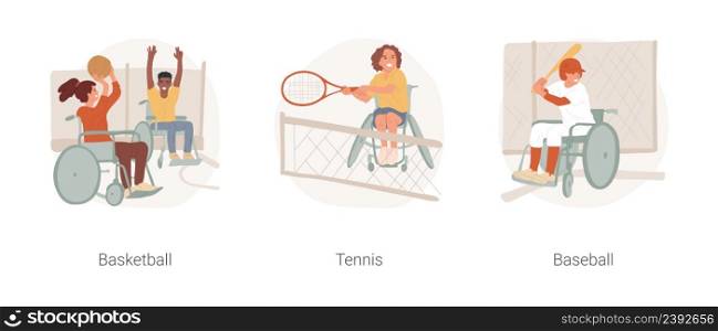 Sports for disabled kids isolated cartoon vector illustration set. Child in wheelchair playing basketball, tennis for disabled people, baseball special equipment, physical activity vector cartoon.. Sports for disabled kids isolated cartoon vector illustration set.