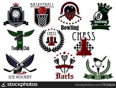 Sports game heraldic emblems with elements and sports items of football, soccer, basketball, ice hockey, billiards, darts, golf, chess, volleyball and bowling. Sports game heraldic emblems with items