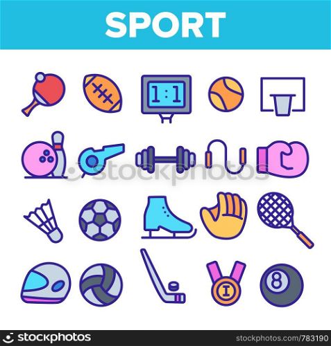 Sports Games Equipment Linear Vector Icons Set. Sport Activities Thin Line Contour Symbols Pack. Team Games Pictograms Collection. Healthy Lifestyle. Professional Sportsmanship Outline Illustrations. Sports Games Equipment Linear Vector Icons Set