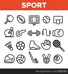 Sports Games Equipment Linear Vector Icons Set. Sport Activities Thin Line Contour Symbols Pack. Team Games Pictograms Collection. Healthy Lifestyle. Professional Sportsmanship Outline Illustrations. Sports Games Equipment Linear Vector Icons Set