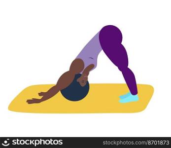  Sports girl performs the asana-the posture of the dog. A dark-skinned girl demonstrates the dog pose.An African-American woman does yoga.A healthy lifestyle, a spiritual practice.Vector illustration . An African-American woman does yoga.