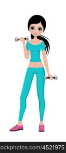 Sports girl with dumbbells in a training suit. Fitness trainer. Vector