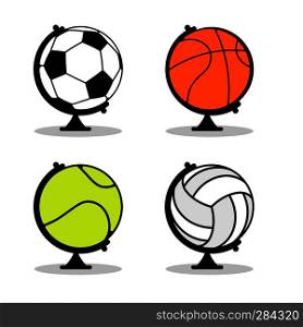 Sports Globe set. Balls in Earth sphere. Basketball and football. Tennis and volleyball. Planet Sports. World game