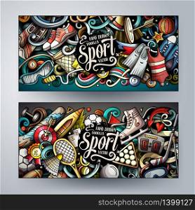 Sports hand drawn doodle banners set. Cartoon detailed flyers. Activities identity with objects and symbols. Athletic background illustrations. Color vector design elements. Sports hand drawn doodle banners set. Cartoon detailed flyers.