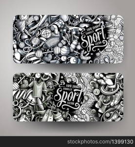 Sports hand drawn doodle banners set. Cartoon detailed flyers. Activities identity with objects and symbols. Athletic background illustrations. Monochrome vector design elements. Sports hand drawn doodle banners set. Cartoon detailed flyers.