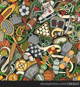 Sports hand drawn doodles seamless pattern. Colorful, detailed, with lots of objects vector background. Sports hand drawn doodles seamless pattern. vector background
