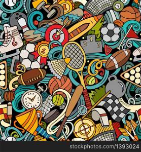 Sports hand drawn doodles seamless pattern. Colorful, detailed, with lots of objects vector background. Sports hand drawn doodles seamless pattern. Colorful vector background