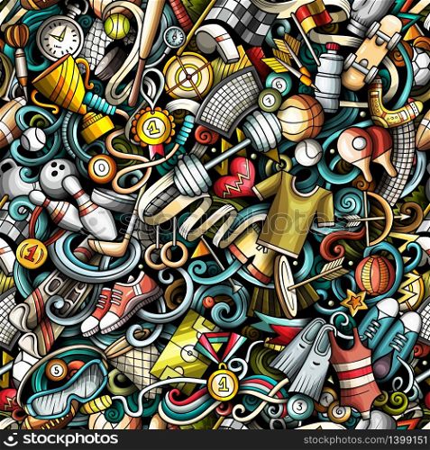 Sports hand drawn doodles seamless pattern. Colorful, detailed, with lots of objects vector background. Sports hand drawn doodles seamless pattern. vector background