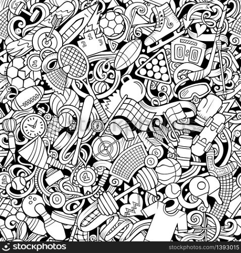 Sports hand drawn doodles seamless pattern. Line art, detailed, with lots of objects vector background. Sports hand drawn doodles seamless pattern. vector background