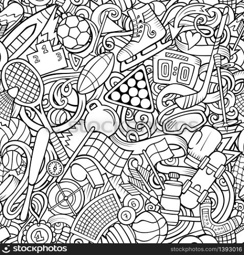 Sports hand drawn doodles seamless pattern. Line art, detailed, with lots of objects vector background. Sports hand drawn doodles seamless pattern. Line art vector background