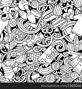 Sports hand drawn doodles seamless pattern. Line art, detailed, with lots of objects vector background. Sports hand drawn doodles seamless pattern. Line art vector background