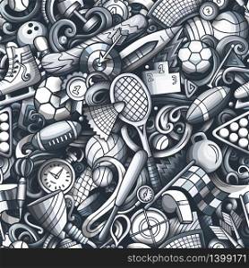 Sports hand drawn doodles seamless pattern. Monochrome, detailed, with lots of objects vector background. Sports hand drawn doodles seamless pattern. vector background