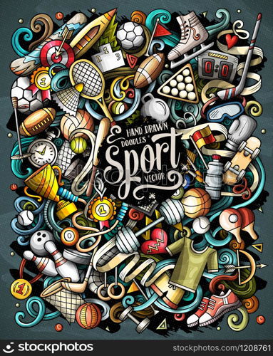 Sports hand drawn vector doodles illustration. Activities poster design. Athletics elements and objects cartoon background. Bright colors funny picture. All items are separated. Sports hand drawn vector doodles illustration. Activities poster design.