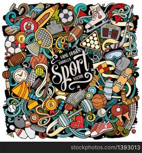 Sports hand drawn vector doodles illustration. Activities poster design. Athletics elements and objects cartoon background. Bright colors funny picture. All items are separated. Sports hand drawn vector doodles illustration. Activities poster design.