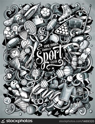 Sports hand drawn vector doodles illustration. Activities poster design. Athletics elements and objects cartoon background. Toned funny picture. All items are separated. Sports hand drawn vector doodles illustration. Activities poster design.