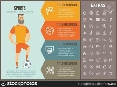 Sports infographic options template, elements and icons. Infograph includes line icon set with sport equipment, sports field, competitive games, pedestal, leisure activities, training exercise etc.. Sports infographic template, elements and icons.