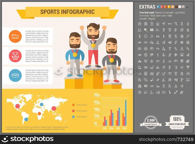 Sports infographic template and elements. The template includes illustrations of hipster men and huge awesome set of thin line icons. Modern minimalistic flat vector design.. Sports flat design Infographic Template