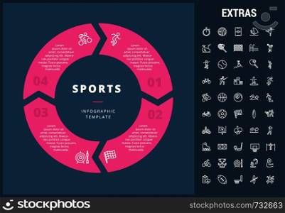 Sports infographic template, elements and icons. Infograph includes customizable circular diagram, line icon set with sport equipment, sports field, competitive games, champion pedestal, athlete etc.. Sports infographic template, elements and icons.