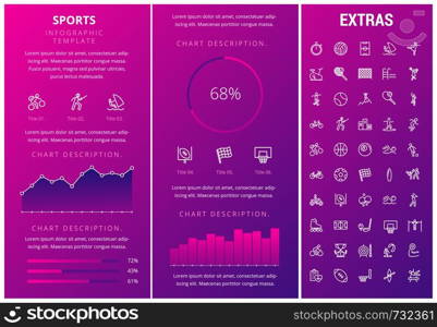 Sports infographic template, elements and icons. Infograph includes customizable graphs, charts, line icon set with sport equipment, sports field, competitive games, champion pedestal, athlete etc.. Sports infographic template, elements and icons.