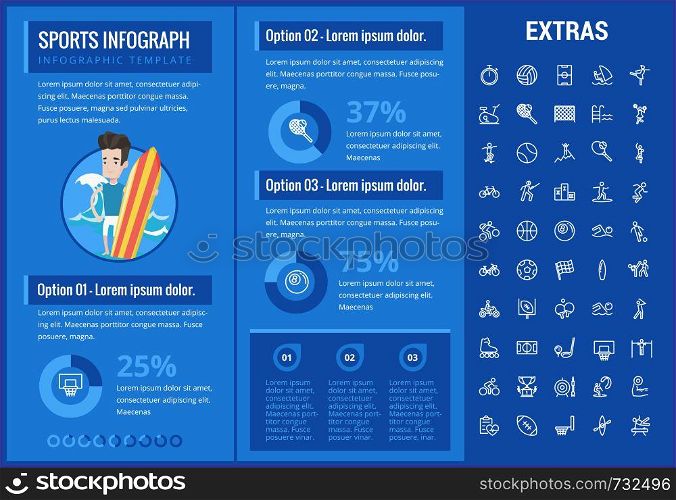 Sports infographic template, elements and icons. Infograph includes customizable graphs, charts, line icon set with sport equipment, sports field, competitive games, champion pedestal, athlete etc.. Sports infographic template, elements and icons.