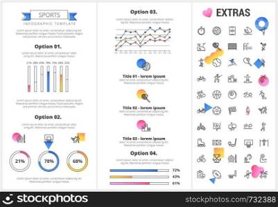 Sports infographic template, elements and icons. Infograph includes customizable graphs, four options, line icon set with sport equipment, sports field, competitive games, champion pedestal etc.. Sports infographic template, elements and icons.