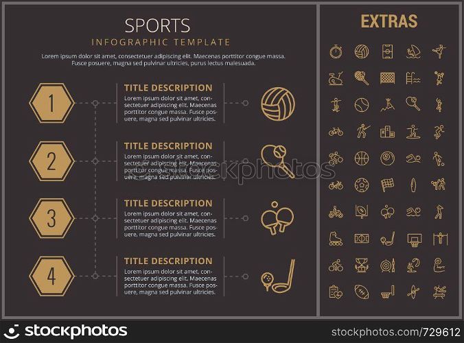 Sports infographic timeline template, elements and icons. Infograph includes numbered options, line icon set with sport equipment, sports field, competitive games, champion pedestal, athlete etc.. Sports infographic template, elements and icons.