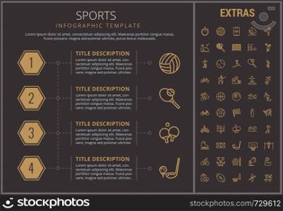 Sports infographic timeline template, elements and icons. Infograph includes numbered options, line icon set with sport equipment, sports field, competitive games, champion pedestal, athlete etc.. Sports infographic template, elements and icons.