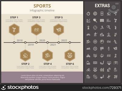 Sports infographic timeline template, elements and icons. Infograph includes step number options, line icon set with sport equipment, sports field, competitive games, champion pedestal, athlete etc.. Sports infographic template, elements and icons.