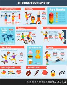 Sports infographics set with people training healthy physical activity charts vector illustration