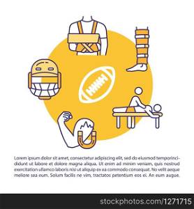 Sports injury first aid concept icon with text. Baseball trauma therapy and treatment PPT page vector template. Brochure, magazine, booklet design element with linear illustrations