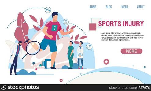 Sports Injury Treatment Online Medical Service Flat Landing Page. Vector Cartoon Sportsman and Doctors Physician Specialist Detecting Trauma Helping Patients Illustration. Rehabilitation and Recovery. Sports Injury Treatment Service Flat Landing Page