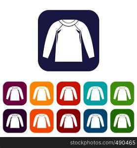 Sports jacket, icons set vector illustration in flat style in colors red, blue, green, and other. Sports jacket, icons set