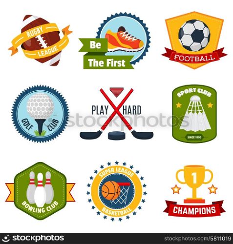 Sports logo set with rugby golf bowling equipment isolated vector illustration. Sports Logo Set