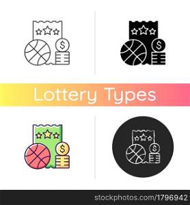 Sports lottery icon. Making stakes on sporting event outcome. Sports betting. Predicting results and placing wager. Bet on basketball. Linear black and RGB color styles. Isolated vector illustrations. Sports lottery icon