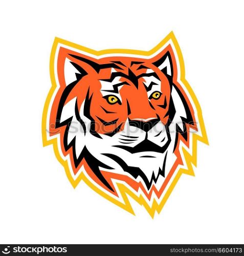 Sports mascot icon illustration of a head of Bay of Bengal tiger, a Mainland Asian tiger looking to side on isolated background in retro style.. Bengal Tiger Head Mascot