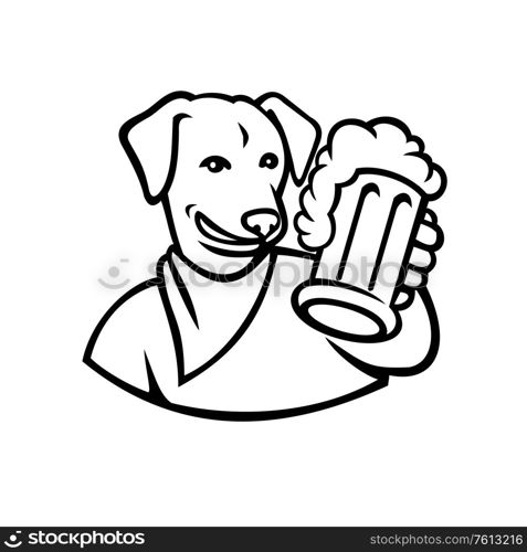 Sports mascot icon illustration of an English Lab or Labrador dog holding a beer mug toasting viewed from front on isolated background in Black and White retro style.. English Lab Dog Beer Mug Black and White