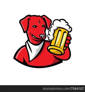 Sports mascot icon illustration of head of a red English Lab or Labrador dog holding a beer mug toasting viewed from front on isolated background in retro style.. Red English Lab Dog Beer Mug Mascot
